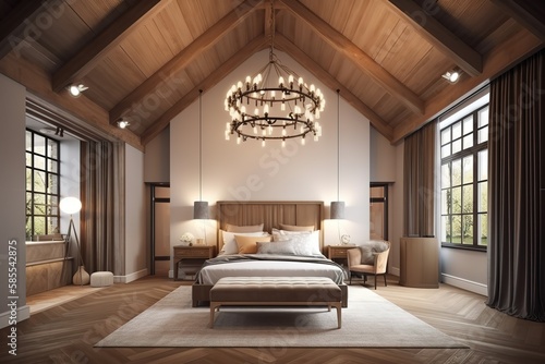 Beautiful furnished master bedroom interior in luxury home. Features vaulted ceiling with wood beams and chandelier. Generative AI