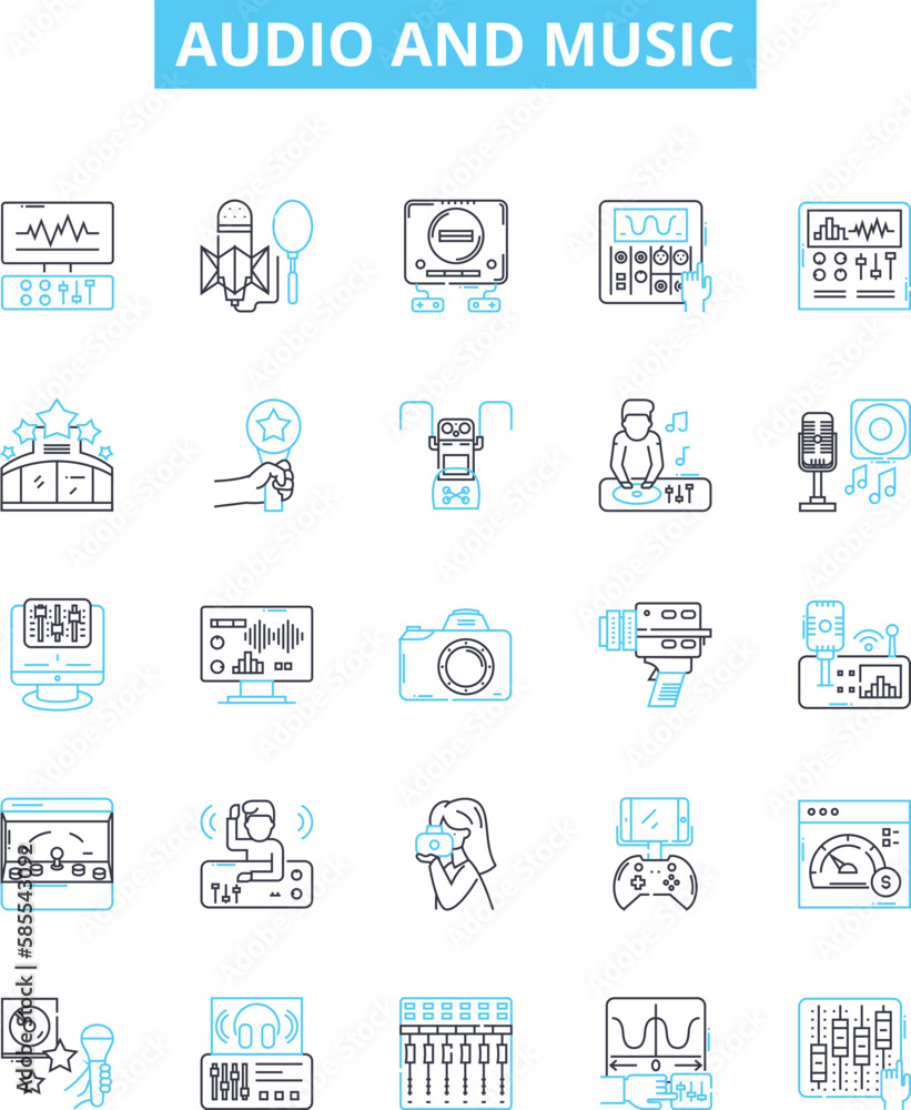 Audio and music vector line icons set. Music, Audio, Sound, Melody, Beat, Adaptation, Recording illustration outline concept symbols and signs