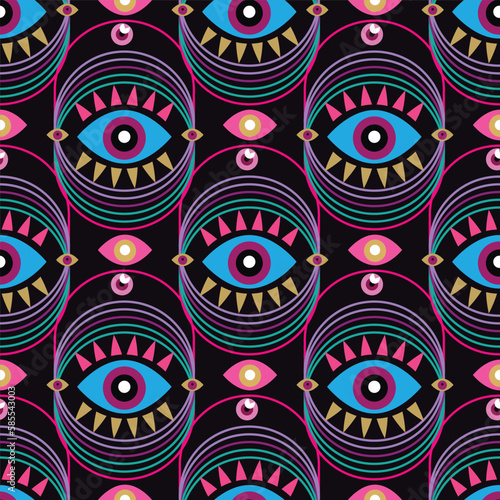 Hand drawn seamless pattern with esoteric eye , All-seeing eye Magic, occult symbol, sacred art Template design fabric, textile Vector Modern mysthic graphic background illustration