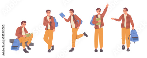 Set of male student with books and backpack standing in different poses showing positive gesture