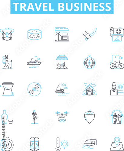 Travel business vector line icons set. Tourism, Tour, Vacation, Journey, Adventure, Transport, Sightseeing illustration outline concept symbols and signs