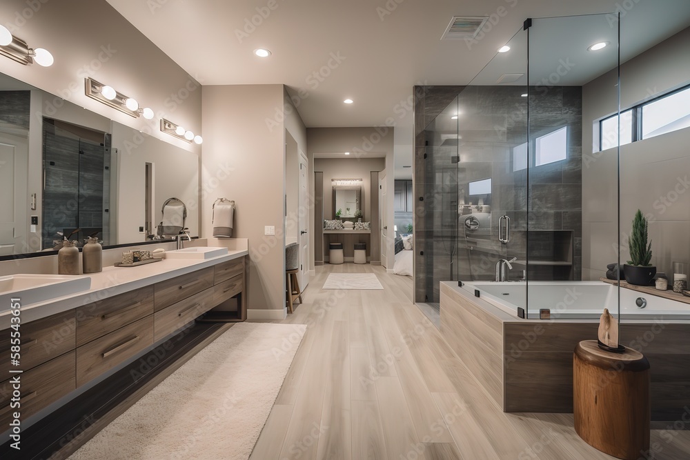Master bathroom in new luxury home with double vanity and view of walk ...