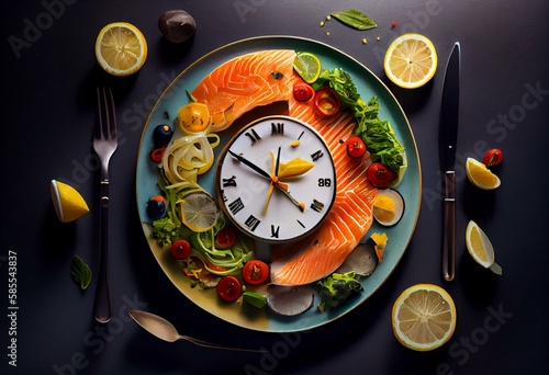 intermittent fasting concept plate as a clock with salad, salmon, fish and vegetables, tomato, lemon. Generative AI