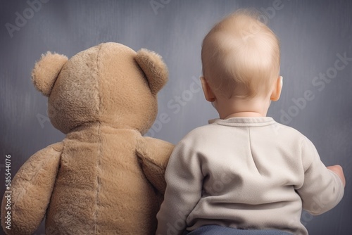 Rear view of a cute baby sitting next to his plush teddy bear. AI generative