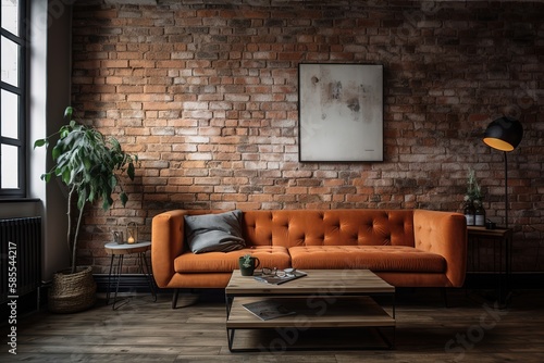Sofa in old vintage brick wall loft - apartment in alten Ziegel Loft, Generative AI