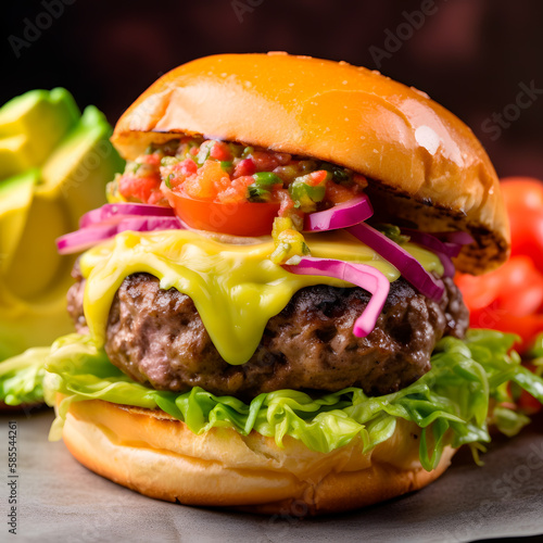 Delicious hamburger with guacamole isolated on a white background. Generative AI