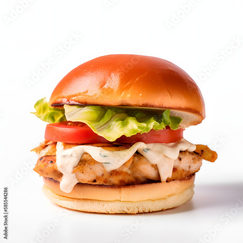 Delicious chicken burger - bread, grilled chicken, lettuce, tomato, caramelized onion, and mayonnaise, on a white background. Generative AI