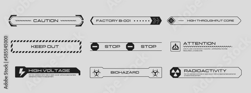 Cyberpunk decals set. Set of vector stickers and labels in futuristic style. Inscriptions and symbols for danger, attention, Caution, etc. Buttons for websites, mobile applications.