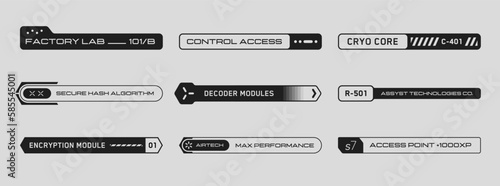 Cyberpunk decals set. Set of vector stickers and labels in futuristic style. Inscriptions and symbols for danger, attention, Caution, etc. Buttons for websites, mobile applications.