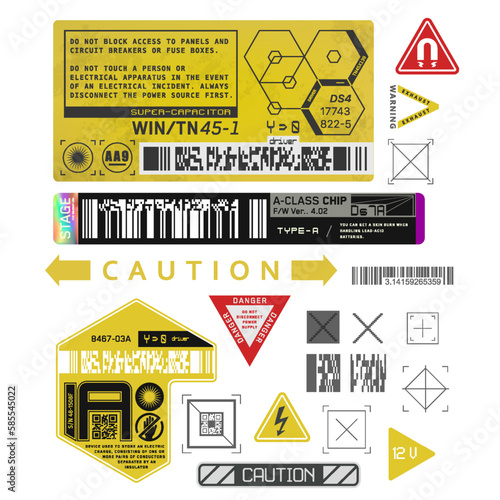 Cyberpunk decals set. Set of vector stickers and labels in futuristic style. Inscriptions and symbols, Japanese hieroglyphs for danger, attention, AI controlled, high voltage, warning.