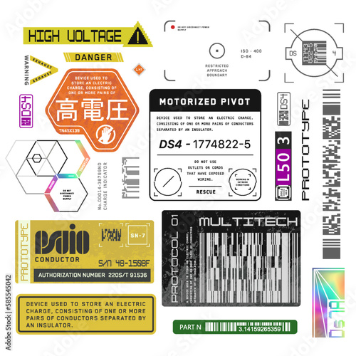 Cyberpunk decals set. Set of vector stickers and labels in futuristic style. Inscriptions and symbols, Japanese hieroglyphs for danger, attention, AI controlled, high voltage, warning.