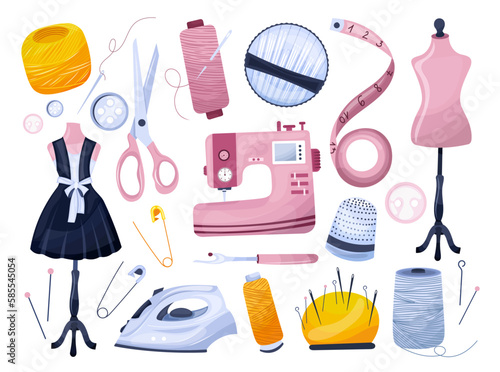 Vector hand drawn sewing collection. Sewing tools - sewing machine, needles, mannequin, thread, iron. Vector illustration isolated on white background. Sewing equipment and accessories. 