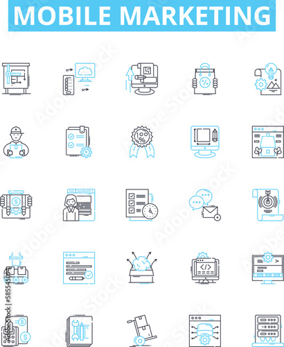 Mobile marketing vector line icons set. Mobile, Marketing, Advertising, Branding, SMS, Apps, Promotions illustration outline concept symbols and signs