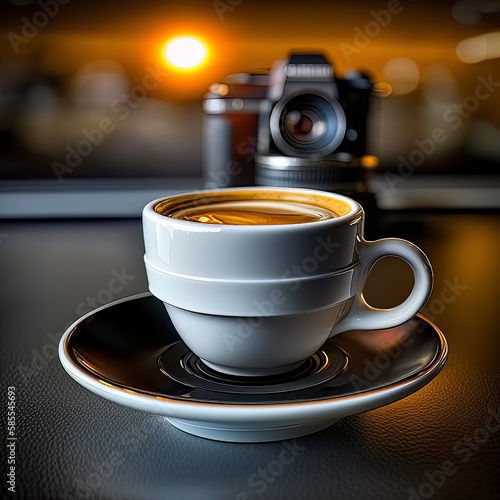 Camera with coffee in cafe