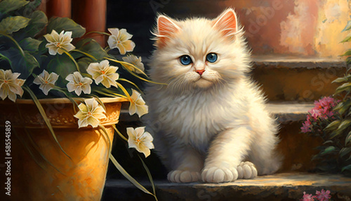 Ai Generated, Cute white fluffy kitten between colorful flower pots, with plants on steps of house.