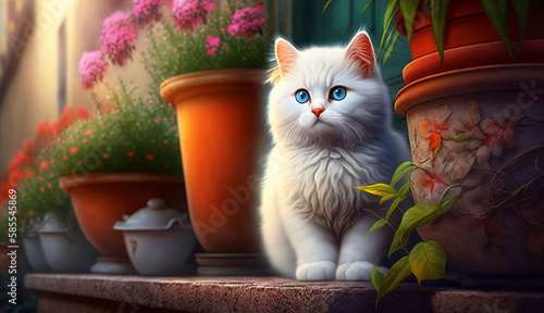 Ai Generated, Cute white fluffy kitten between colorful flower pots, with plants on steps of house.