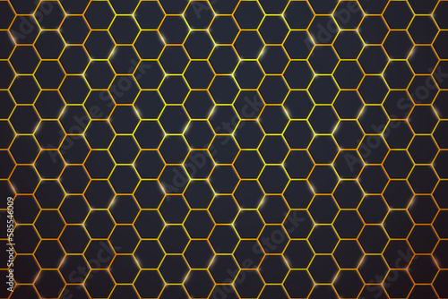 Abstract black hexagon tiles pattern horizontal background with shiny flares on gold yellow background. Modern honeycomb luminous cells texture. Vector glowing game, medical, hexagon background