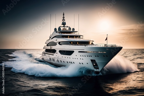 Millionaire's private yacht at sea in the waves with atmospheric lighting. AI generative © Nataly