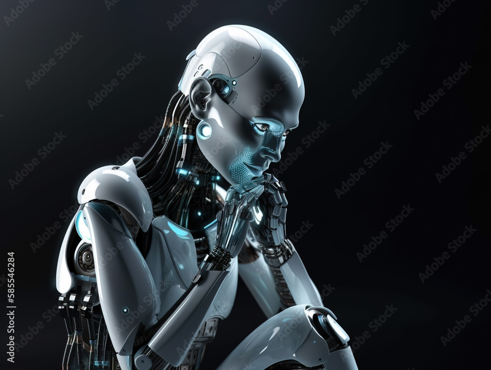 Naklejka premium Thinking cyborg. Extremely detailed futuristic robot or cyborg head in profile. 3D Render.