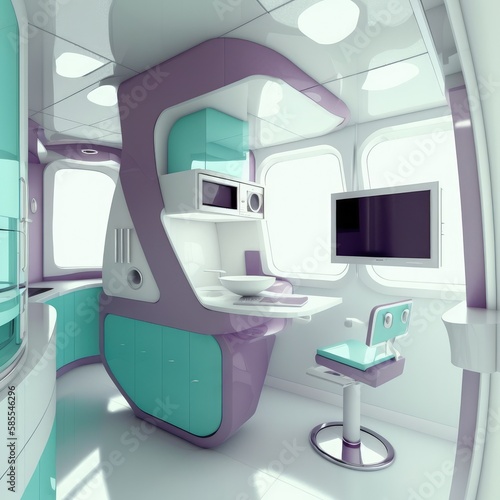 Modern medical office white purple and green colors, AI generative illustration.