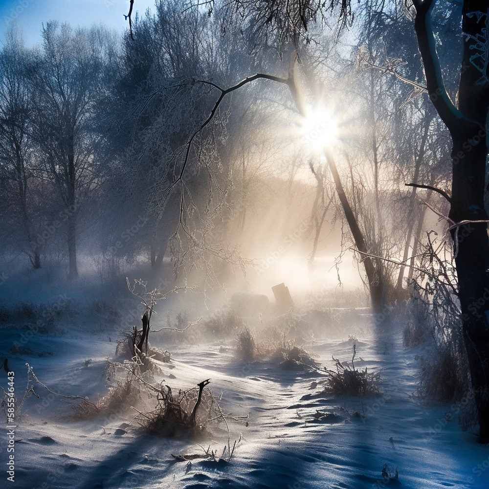 Fototapeta premium A misty snowy forest in winter, beautiful morning light - generative ai