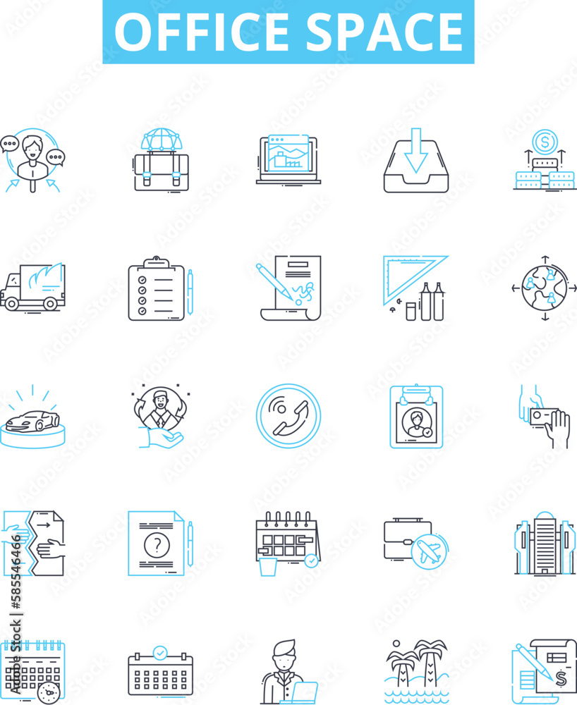Office space vector line icons set. Workplace, cubicle, desk, meeting, workspace, file, chair illustration outline concept symbols and signs