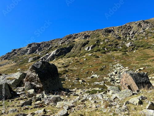 Autumn alpine pastures on the high mountain tops in the Albula Alps and above the Swiss mountain road pass Fluela (Flüelapass), Zernez - Canton of Grisons, Switzerland (Schweiz) photo