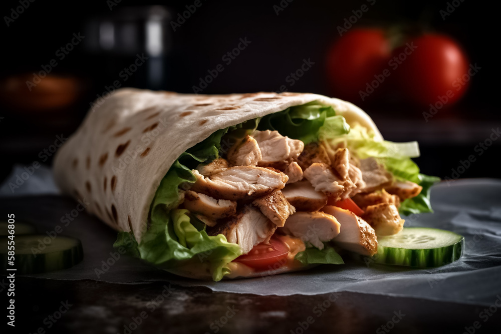 Delicious shawarma cut out. Chicken shawarma with tomato cucumber and lettuce. Gyro fresh roll with pita with grilled chicke, lettuce salad, bacon, tomato, sauces, cheese and vegetables. generative ai Delicious shawarma cut out. Chicken shawarma with tomato cucumber and lettuce. Gyro fresh roll with pita with grilled chicke, lettuce salad, bacon, tomato, sauces, cheese and vegetables. generative ai