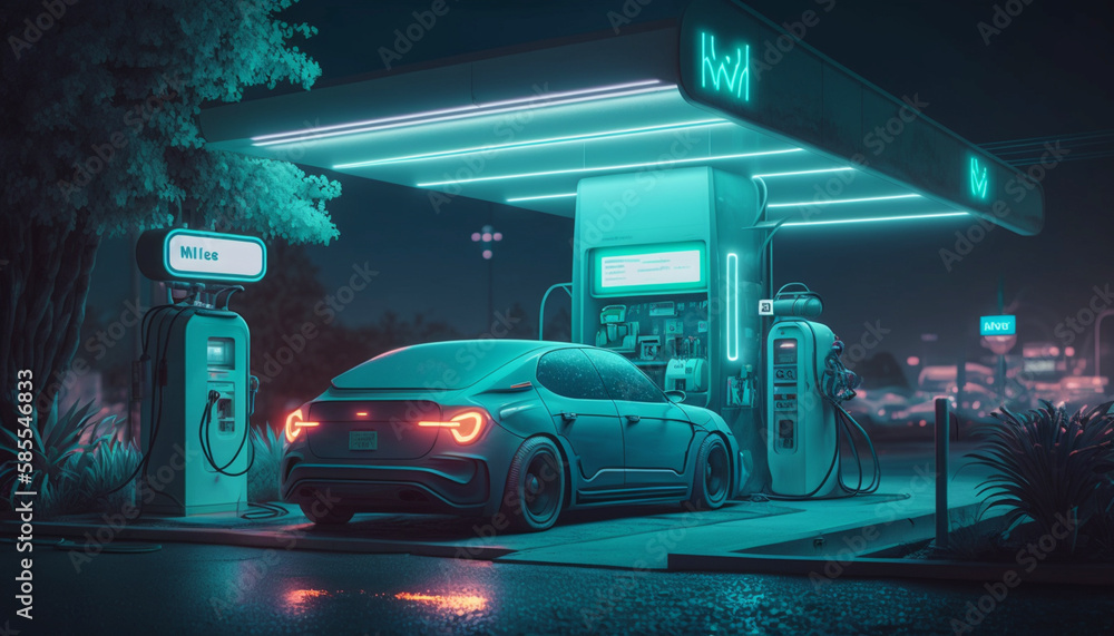 Eco concept Electric car charging at a gas station.Generative AI.