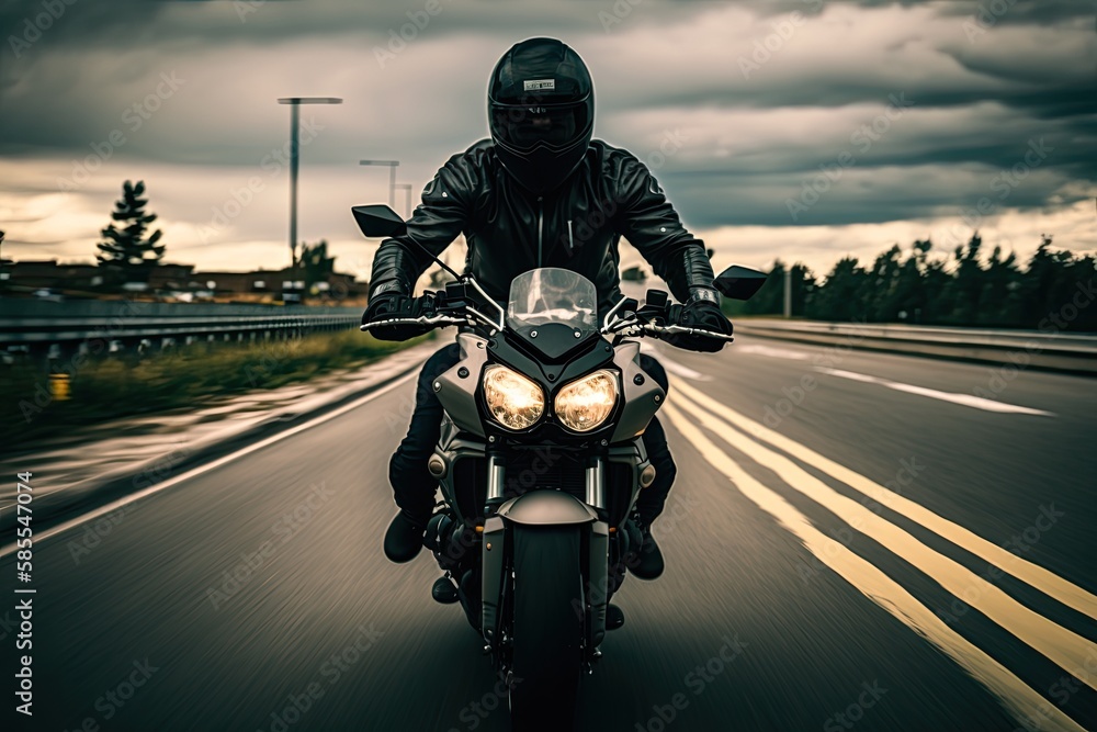 A biker enjoys a fast motorcycle ride in street conditions. AI generative A biker enjoys a fast motorcycle ride in street conditions. AI generative
