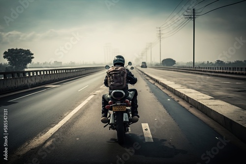 A biker enjoys a fast motorcycle ride in street conditions. AI generative © Nataly