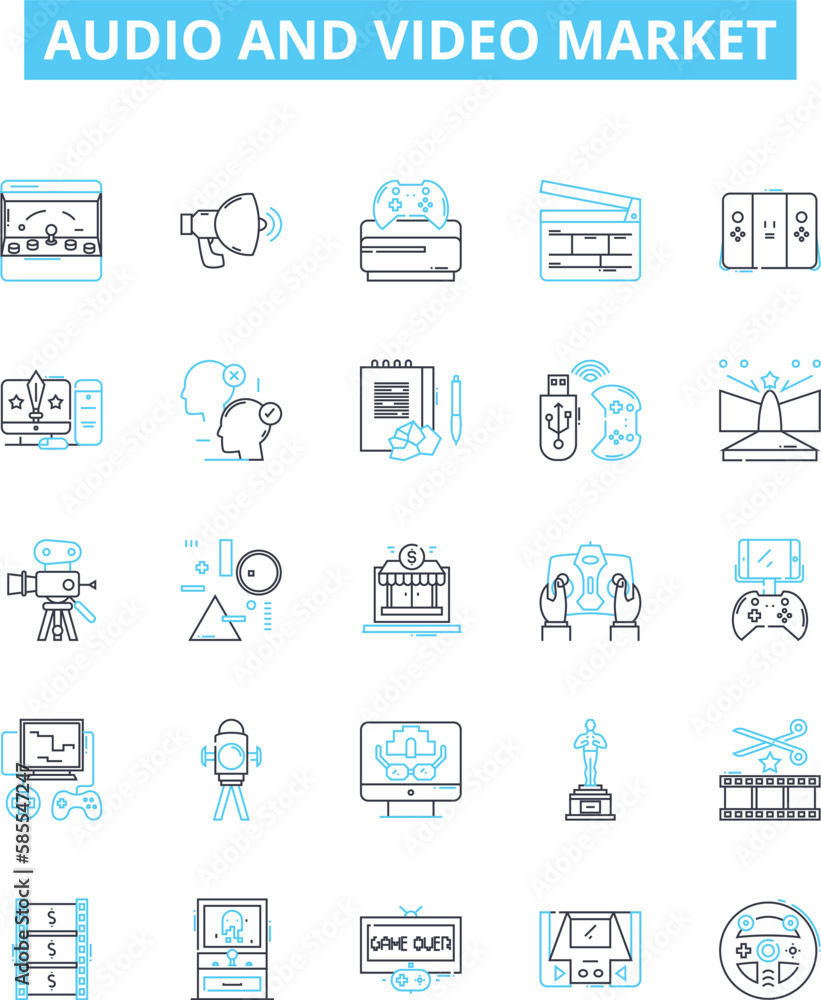 audio and video market vector line icons set. Audio, Video, Market, Multimedia, Sound, Streaming, Digital illustration outline concept symbols and signs audio and video market vector line icons set. Audio, Video, Market, Multimedia, Sound, Streaming, Digital illustration outline concept symbols and signs