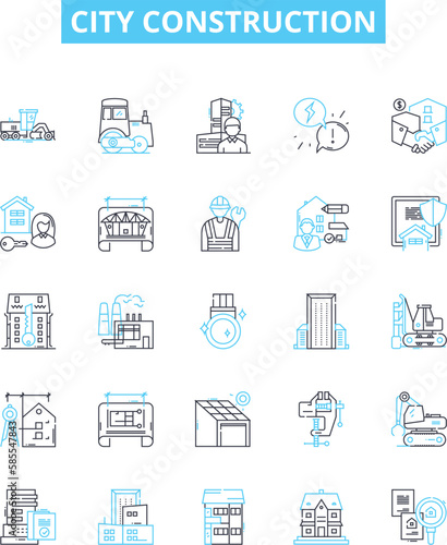 City construction vector line icons set. Urbanization, architecture, infrastructure, building, redevelopment, planning, growth illustration outline concept symbols and signs