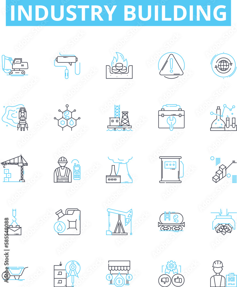 Industry building vector line icons set. Construction, Manufacturing, Investment, Fabrication, Outfitting, Engineering, Development illustration outline concept symbols and signs