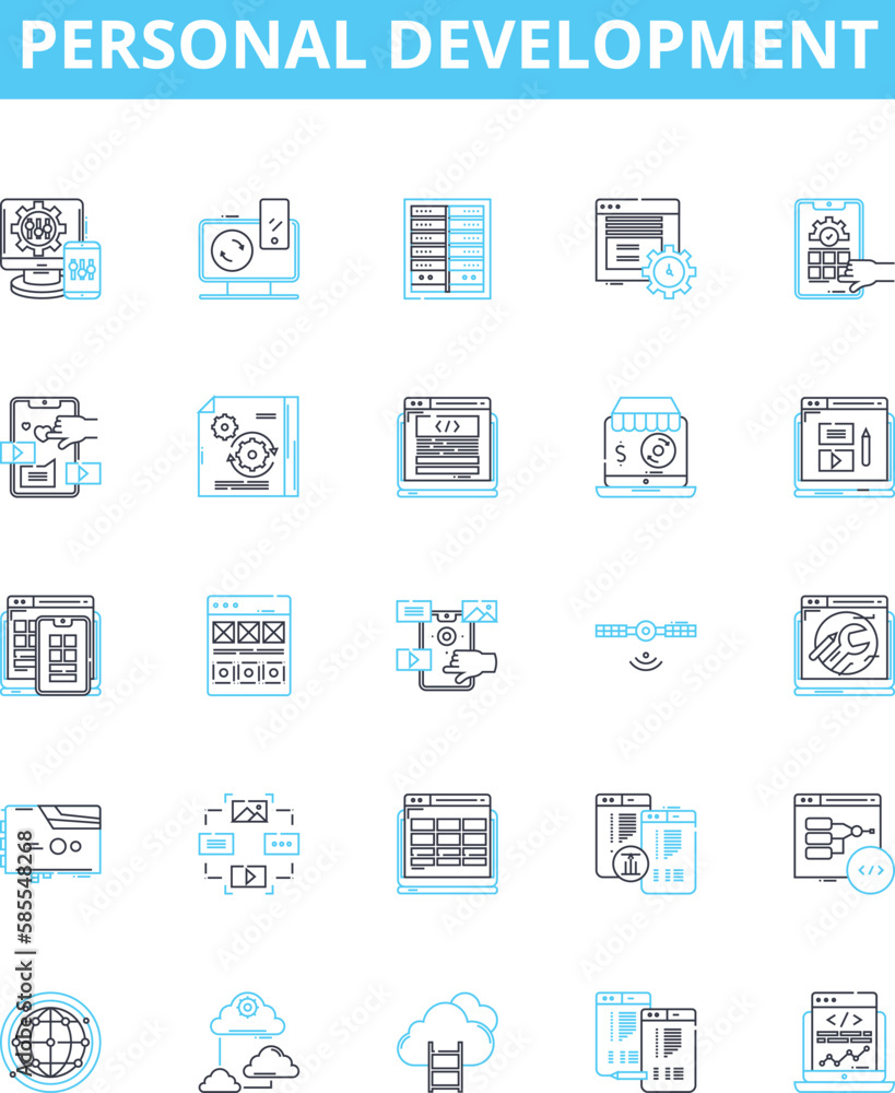 Personal development vector line icons set. Motivation, growth, learning, happiness, reflection, goals, resilience illustration outline concept symbols and signs Personal development vector line icons set. Motivation, growth, learning, happiness, reflection, goals, resilience illustration outline concept symbols and signs