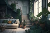 Luxurious apartment background with contemporary design. Garden with plants. Modern interior design. 3D render, 3D illustration.