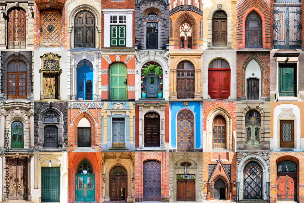 Various doors. Photo collage and travel concept - obrazy, fototapety, plakaty 