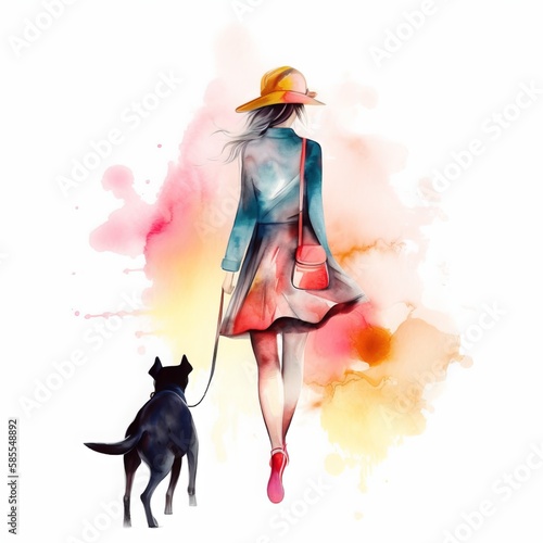 Image of a Lowry inspired scene. Depicting a brightly colored woman walking a black dog