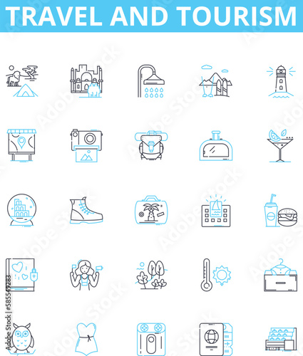 Travel and tourism vector line icons set. Voyage, Trip, Adventure, Tour, Excursion, Sightseeing, Jaunt illustration outline concept symbols and signs