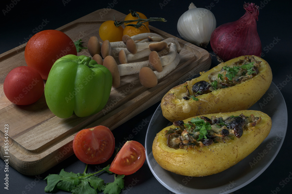 Baked potatoes stuffed with mushrooms decorated with fresh vegetables and mashrooms Baked potatoes stuffed with mushrooms decorated with fresh vegetables and mashrooms