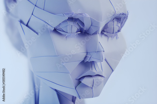 Origami human head faces. Virtual concept. Total control, limitations, loss of self, computer technology in everyday life. generative AI photo