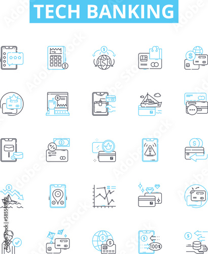Tech banking vector line icons set. Tech banking Online, Mobile, Security, Fraud, Digital, Payments, ATM illustration outline concept symbols and signs