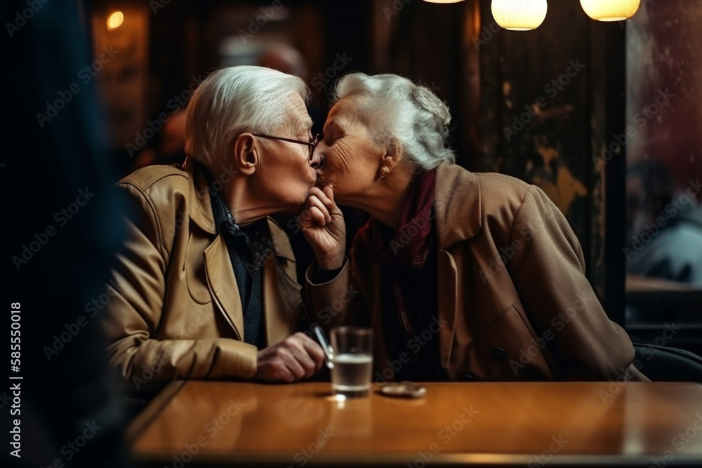 elderly caucasian couple of man and woman kissing in a cafe sitting at a table, created with Generative AI Technology elderly caucasian couple of man and woman kissing in a cafe sitting at a table, created with Generative AI Technology