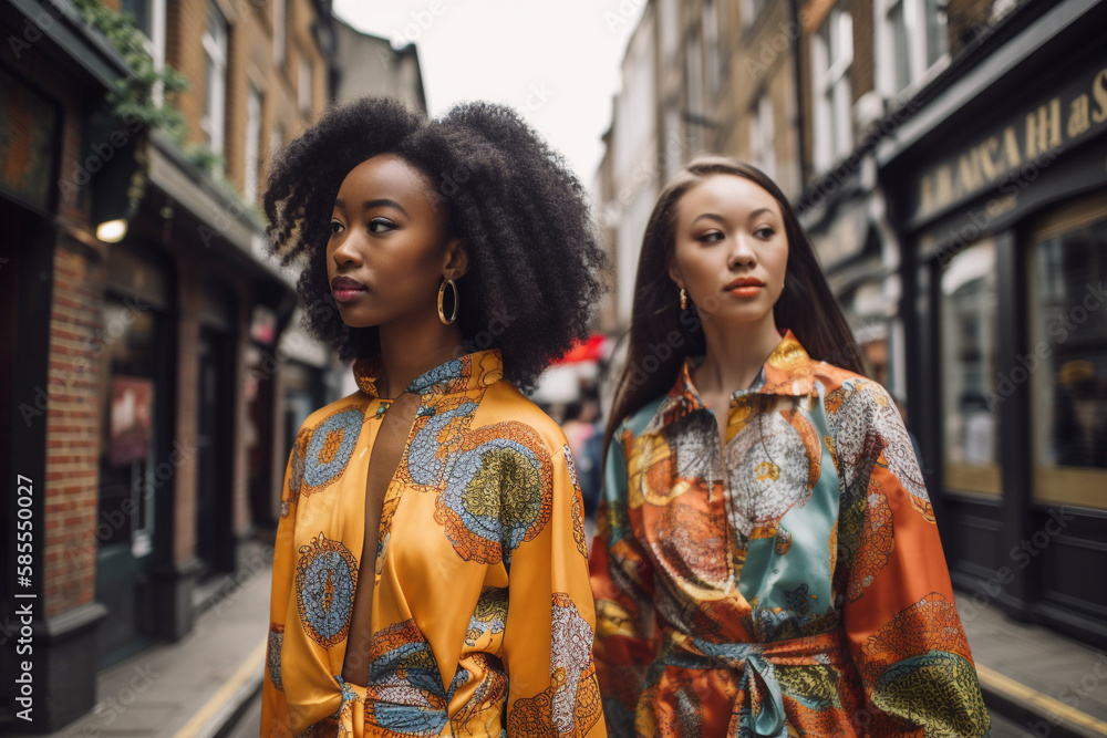 two black women in asian clothes walking down the street, created with Generative AI Technology