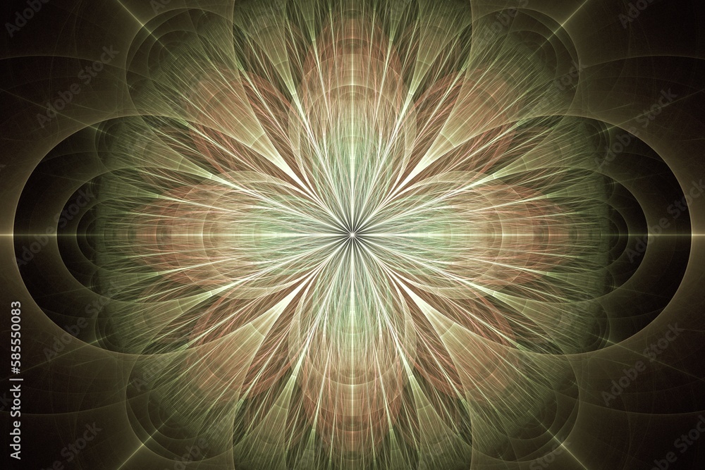 Fototapeta premium Green orange floral pattern of crooked waves on a black background. Abstract fractal 3D rendering