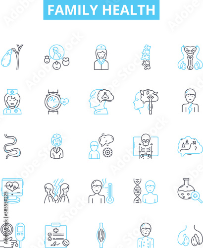 Family health vector line icons set. Family, Health, Wellbeing, Nutrition, Exercise, Lifestyle, Pediatric illustration outline concept symbols and signs