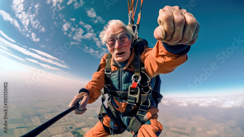 Senioren haben Spaß beim Fallschirmfliegen Lebensfreude Klettern Illustration (Generative AI) Digital Art Kunst Background Cover Magazin  photo