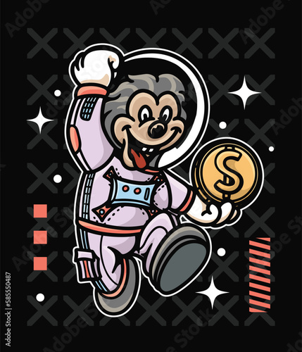 Monkey wearing astronaut suit and holding a coin illustration