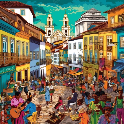 Vibrant Pelourinho district in Salvador, Bahia: colorful buildings, street musicians, cobblestone streets, rich Afro-Brazilian culture. generative ai photo