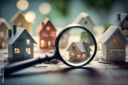 House searching, magnifying glass looking at house model, house selection, real estate concept. Generative Ai photo